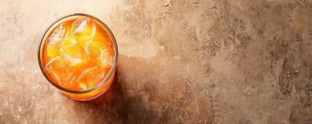 Refreshing drink with ice on a flat surface, with plenty of space for text in the frame.の素材