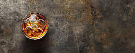 Aerial view of a tasty drink with ice placed on a smooth surface, leaving ample space for text beside it.の素材