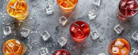 Overhead view of refreshing beverages with ice on a smooth gray surface, designed to leave space for text in the middle.の素材