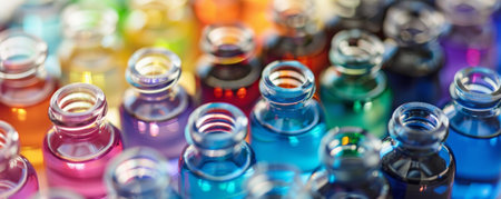 Close-up of colorful liquid-filled bottles arranged on a white surface, each labeled as providing immunity from viruses and polluted air.の素材