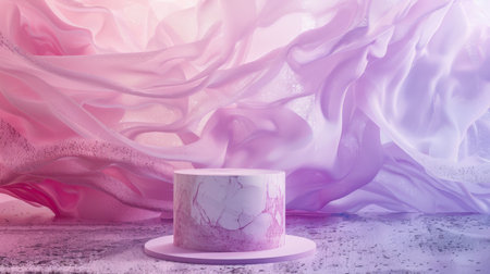A cylindrical podium with a textured surface stands in front of an abstract background with fluid purple and pink marble patterns. Subtle studio lighting enhances the elegance, perfect for product display.の素材