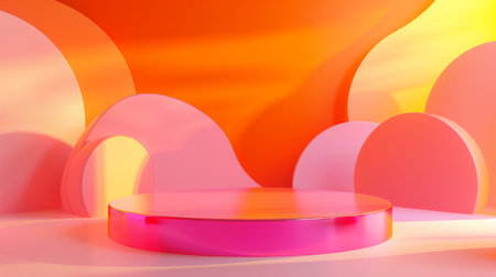 A glossy cylindrical podium is set against a background with abstract, whimsical shapes in pink and orange. Bright studio lights create a lively atmosphere for showcasing products.の素材