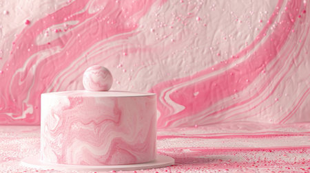 A cylindrical podium with a textured surface stands in front of an abstract pink pastel background with fluid marble patterns. Subtle studio lighting enhances the elegance, perfect for cosmetics display.の素材