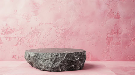 A matte basalt rock podium stands isolated against a pastel pink cement wall. Soft, white studio lighting creates a gentle, serene setting.の素材
