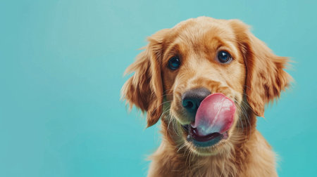 A funny and hungry retriever golden puppy dog eating and licking its lips with tongue. Isolated on a light blue pastel background.の素材