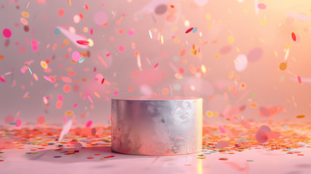 A cylindrical podium with a textured, metallic finish stands on a pastel background with abstract confetti patterns. Warm, diffused studio lighting adds a playful touch.の素材