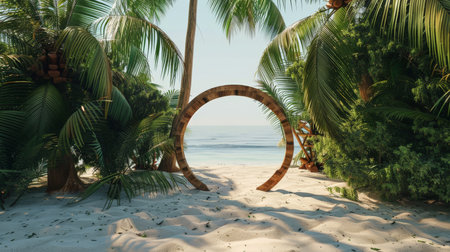 A calm tropical beach featuring a wooden circle on soft sandy ground, with palm trees providing shade. The gentle breeze causes the leaves to rustle, creating a peaceful atmosphere.の素材