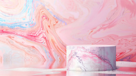A cylindrical podium with a textured surface stands in front of an abstract pastel background with fluid marble patterns. Subtle studio lighting enhances the elegance, perfect for cosmetics display.の素材