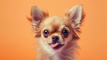 A funny and hungry Chihuahua puppy dog eating and licking its lips with tongue. Isolated on a pale orange pastel background.の素材