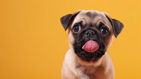 A funny and hungry pug puppy dog eating and licking its lips with tongue. Isolated on a light orange pastel background.の素材