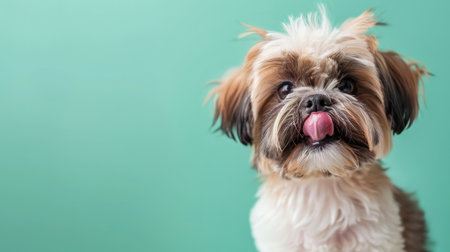 A funny and hungry Shih Tzu puppy dog eating and licking its lips with tongue. Isolated on a mint green pastel background.の素材