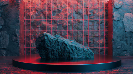 A glossy black rock podium contrasts with a red cement wall with a grid pattern texture. Cool, blue-tinted studio lights add a modern vibe, perfect for tech product displays.の素材