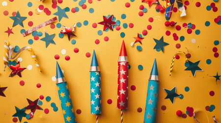 A cheerful Happy 4th of July flat lay composition with firework rockets and confetti on a mustard yellow background. The scene is filled with patriotic colors and decorations.の素材