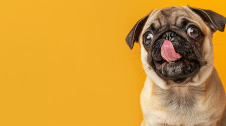 A funny and hungry pug puppy dog eating and licking its lips with tongue. Isolated on a light orange pastel background.の素材