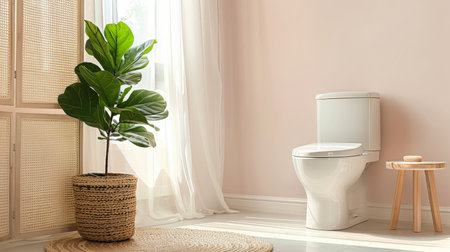 A chic restroom featuring a white toilet bowl, a woven basket bin, a rattan folding screen, and a fiddle leaf fig tree near a light pink wall. The design blends natural textures with soft colors for a trendy look.の素材
