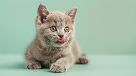 A cute and hungry British Shorthair kitten eating and licking its lips with tongue. Isolated on a pale green pastel background.の素材