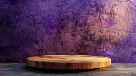 A matte wooden podium with a rough, grainy texture is placed in front of a purple cement wall. Warm, amber studio lights create a cozy atmosphere.の素材