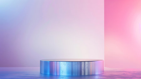 A cylindrical podium with a smooth, metallic finish stands in front of an abstract pastel background with delicate gradient transitions. Cool studio lights enhance the modern look.の素材