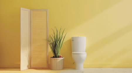 A minimalist restroom with a white toilet bowl, a plastic bin, a simple wooden folding screen, and a spider plant near a pale yellow wall. The design is clean and uncluttered, promoting a sense of calm and order.の素材