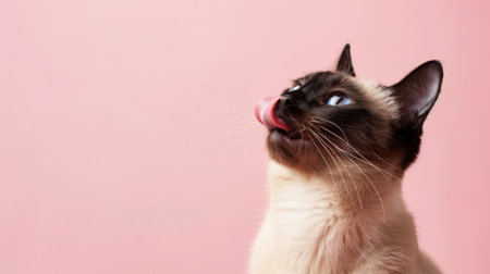 A mischievous and hungry Siamese cat eating and licking its lips with tongue. Isolated on a light pink pastel background.の素材