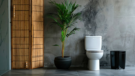 A contemporary restroom with a white toilet bowl, a minimalist black bin, a bamboo folding screen, and a dracaena plant near a soft gray wall. The setting is modern and clean, emphasizing simplicity and elegance.の素材