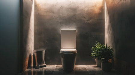 A contemporary restroom with a white toilet bowl, a stainless steel bin, a frosted glass folding screen, and a succulent plant near a dark gray wall. The setting is sleek and sophisticated, ideal for a modern home.の素材