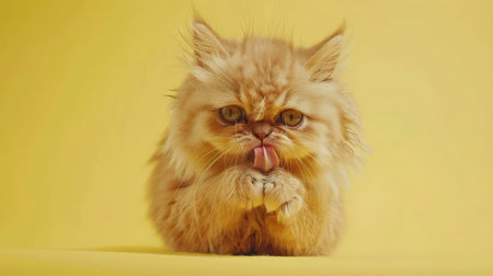 A cute and hungry Persian cat eating and licking its lips with tongue. Isolated on a light yellow pastel background.の素材