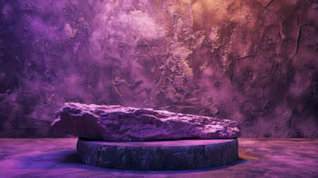 A matte rock podium with a rough, grainy texture is placed in front of a purple cement wall. Warm, amber studio lights create a cozy atmosphere.の素材