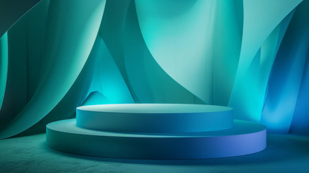 A matte cylindrical podium is set on a background with abstract blue and green geometric shapes. Soft studio lighting adds a gentle glow, ideal for showcasing products.の素材