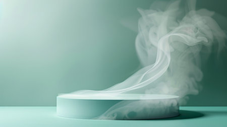 A minimalist podium positioned against a mockup background with a frame of white smoke. The smoke creates soft curves, blending seamlessly with a gradient from teal to white, offering a fresh and clean look for product presentation.の素材