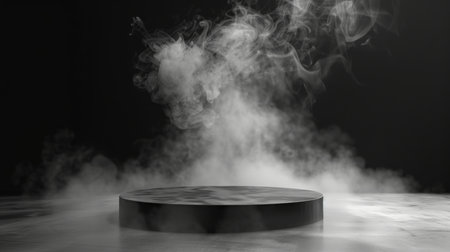 A contemporary podium framed by swirling smoke on a mockup background. The smoke fades from dark to light grey, against a gradient backdrop transitioning from black to white, creating a dramatic setting for product display.の素材