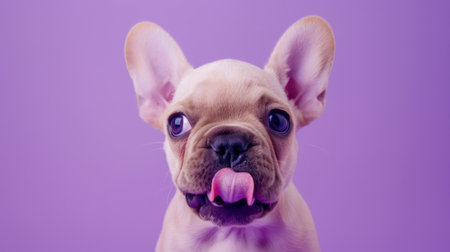 A cute and hungry French bulldog puppy eating and licking its lips with tongue. Isolated on a soft lavender pastel background.の素材