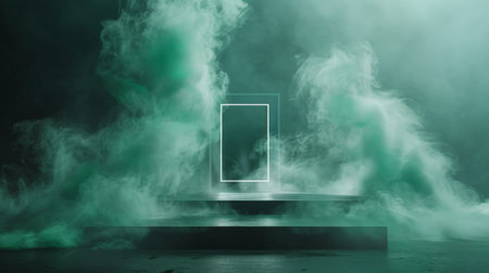 A refined podium stands in front of a mockup background with smoke forming a rectangular frame. The background features a transition from dark green to light green, enhancing the natural and sophisticated feel of the presentation.の素材