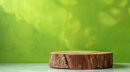 A rough cedar wooden podium stands isolated against a lime green cement wall. Soft, white studio lighting enhances the bold color contrast.の素材