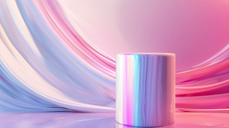 A sleek cylindrical podium with a glossy surface stands against an abstract background with swirling pastel colors. Studio lighting highlights the stand, creating a dreamy atmosphere for displaying cosmetics.の素材