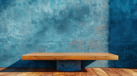 A sleek wooden podium with a polished oak surface stands against a vibrant blue cement wall. Studio lighting highlights the texture contrast, creating a dynamic backdrop for product presentation.の素材
