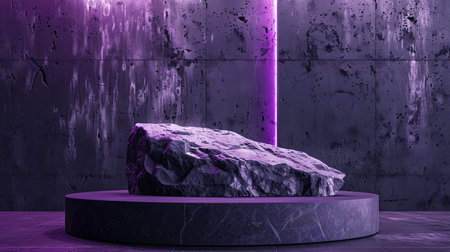 A sleek, obsidian rock podium stands against a dark cement wall with a matte finish. Intense, purple studio lights add a touch of mystery, making the scene suitable for luxury or avant-garde product presentations.の素材