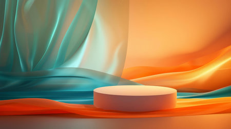 A smooth cylindrical podium is isolated on a background with abstract orange and teal wave patterns. Warm studio lights create a soft, inviting glow, ideal for product presentation.の素材