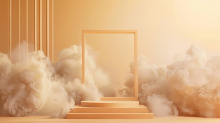 A stylish podium is set against a mockup background with a frame of smoke that loops around it. The background features a gradient from gold to beige, adding a touch of luxury and warmth to the product presentation.の素材