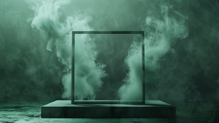 A refined podium against a mockup background with smoke forming a rectangular frame. The background transitions from dark green to light green, enhancing the natural and sophisticated feel of the presentation.の素材