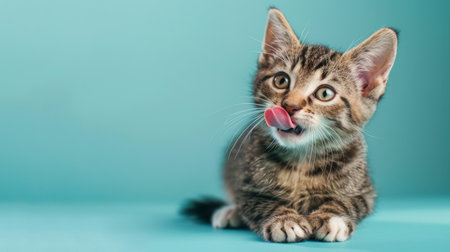 A playful and hungry tabby kitten eating and licking its lips with tongue. Isolated on a baby blue pastel background.の素材