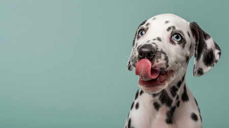 A playful and hungry Dalmatian puppy dog eating and licking its lips with tongue. Isolated on a mint green pastel background.の素材