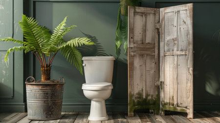 A rustic restroom featuring a white toilet bowl, a vintage metal bin, a reclaimed wood folding screen, and a large potted fern near an olive green wall. The design combines vintage charm with natural elements.の素材