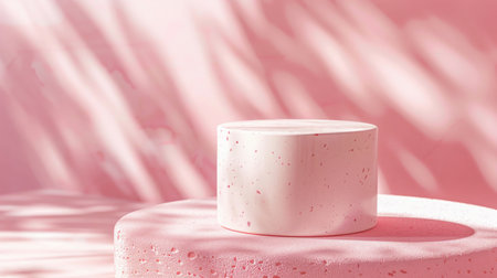 A textured cylindrical podium is placed on a pink pastel background with abstract polka dot patterns. Warm, diffused studio lighting adds a cozy touch, perfect for beauty products.の素材
