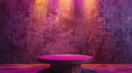 A rustic walnut wooden podium is set against a magenta cement wall. Warm, yellow studio lights create a vibrant and energetic atmosphere.の素材