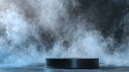 A sleek podium stands in the foreground with a frame of swirling smoke behind it. The mockup background has a gradient effect, transitioning from dark to light, creating a dynamic setting for product presentation.の素材