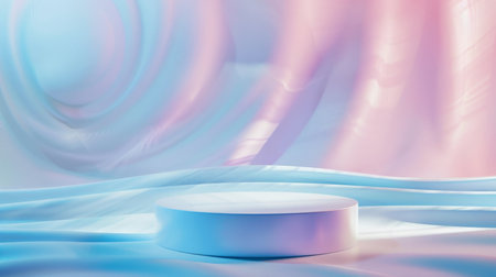 A smooth cylindrical podium is isolated on a pastel background with abstract spiral patterns. Cool, blue studio lights add a modern, fresh vibe, perfect for cosmetics display.の素材