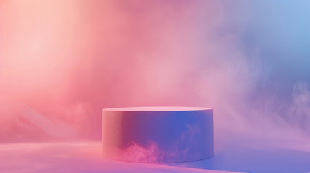 A smooth cylindrical podium stands isolated on a pink pastel background with abstract, soft gradients. Cool, blue studio lights enhance the modern look, ideal for cosmetics display.の素材