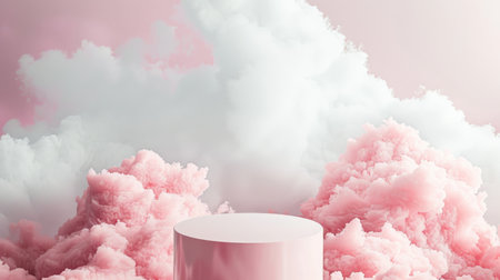 A smooth cylindrical podium stands isolated on a pastel background with abstract, dreamy cloud patterns. Soft, white studio lighting creates a serene ambiance for product presentation.の素材