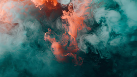 A striking background featuring deep red and turquoise smoke curls, blending with delicate steam, creating a bold and captivating visual.の素材